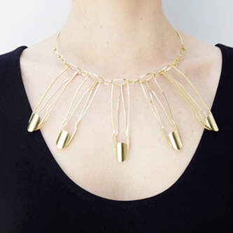 gold plated brass wire five finger necklace on neck